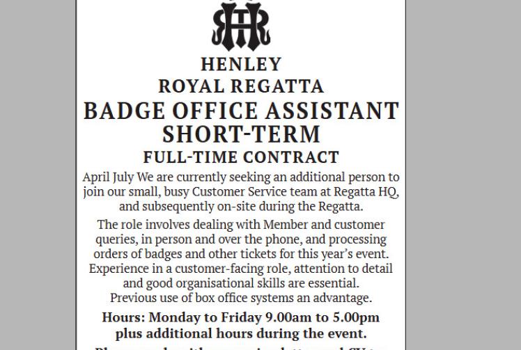 Henley Royal Regatta - Badge Office Assistant (Short Term) 